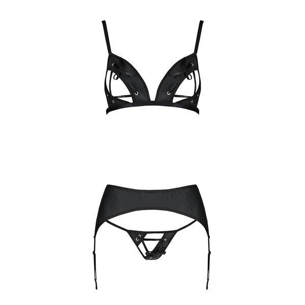 Комплект из эко-кожи Passion MILEY SET XXL/XXXL, black, трусики, бюстгальтер, пояс для чулок SO5773 фото