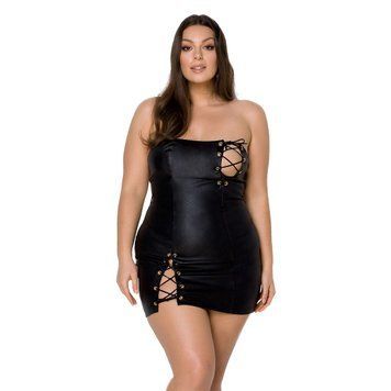 Мини-платье из экокожи Passion CELINE CHEMISE 4XL/5XL, black, шнуровка, трусики в комплекте SO7061 фото