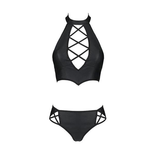 Комплект з еко-шкіри Passion NANCY BIKINI L/XL, black, бра та трусики з імітацією шнурівки SO5367 фото