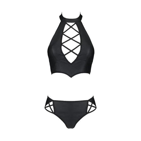 Комплект з екошкіри Passion NANCY BIKINI 4XL/5XL black, бра та трусики з імітацією шнурівки SO7102 фото