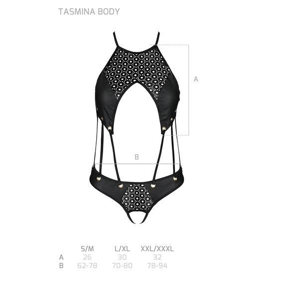 Боді з відкритим доступом Passion TASMINA BODY XXL/XXXL, black, екошкіра, шнурівки, ажурні мережива SO8489 фото