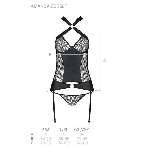 Сетчатый комплект корсет с халтером, съемные подвязки и трусики Passion AMANDA CORSET S/M, black SO5319 фото