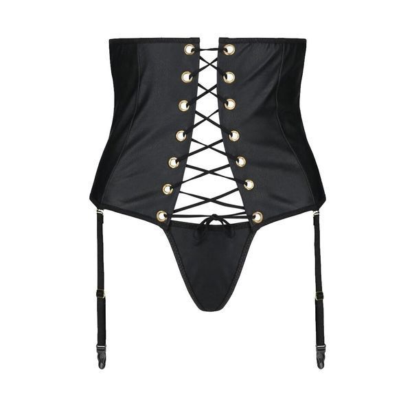Пояс-корсет из экокожи Passion CELINE SET with Open Bra 4XL/5XL, black, шнуровка, пажи, стринги SO7063 фото