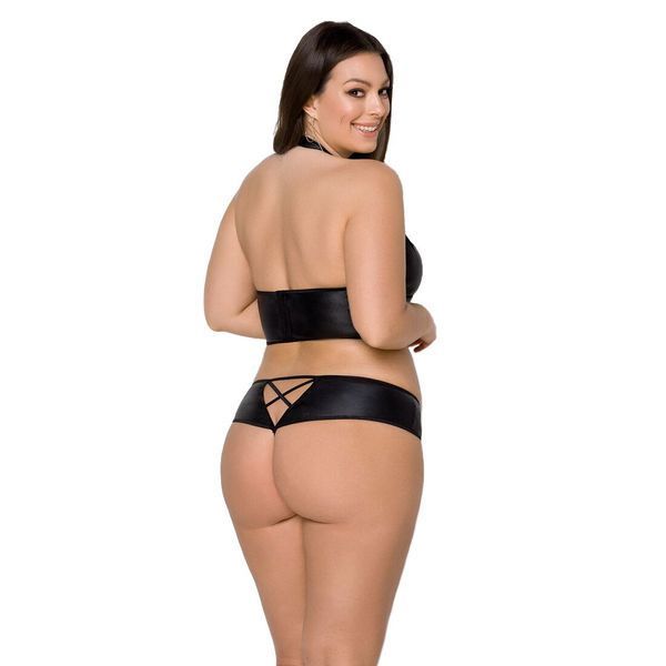 Комплект з екошкіри Passion NANCY BIKINI 6XL/7XL black, бра та трусики з імітацією шнурівки SO7103 фото