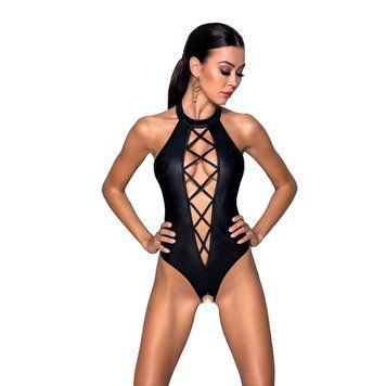 Боди из эко-кожи с имитацией шнуровки и открытым доступом Passion NANCY BODY L/XL, black SO5370 фото