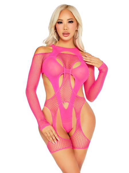 Бодистокинг Leg Avenue Fishnet Garter Harness and Teddy One Size Neon Pink SX2770 фото