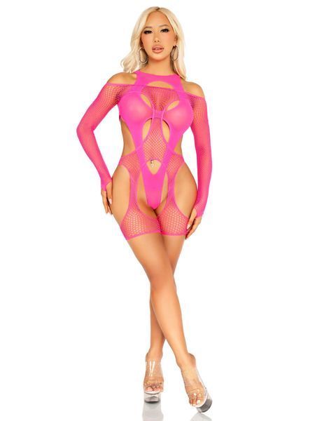 Бодистокинг Leg Avenue Fishnet Garter Harness and Teddy One Size Neon Pink SX2770 фото