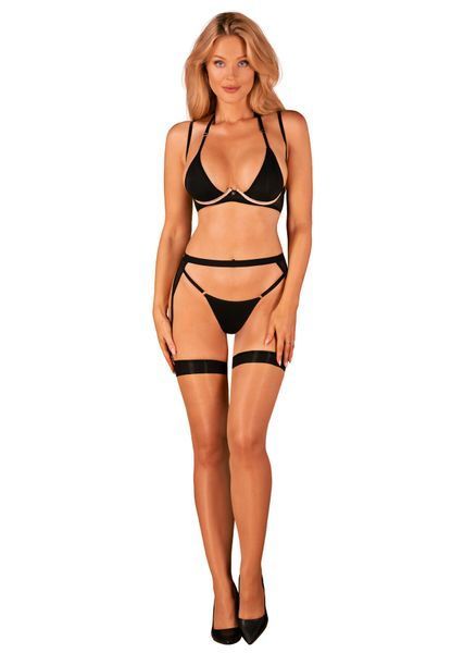 Комплект белья Obsessive Selinne 3-pcs set M/L Black, бюстгальтер, стринги пояс для чулок SO8668 фото