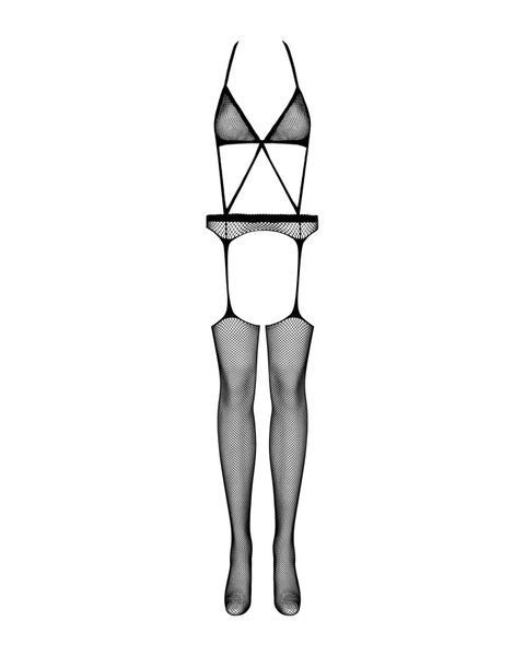 Сетчатый бодистокинг с имитацией топа, пояса и чулок Obsessive Bodystocking N108 S/M/L, черный SO7252 фото