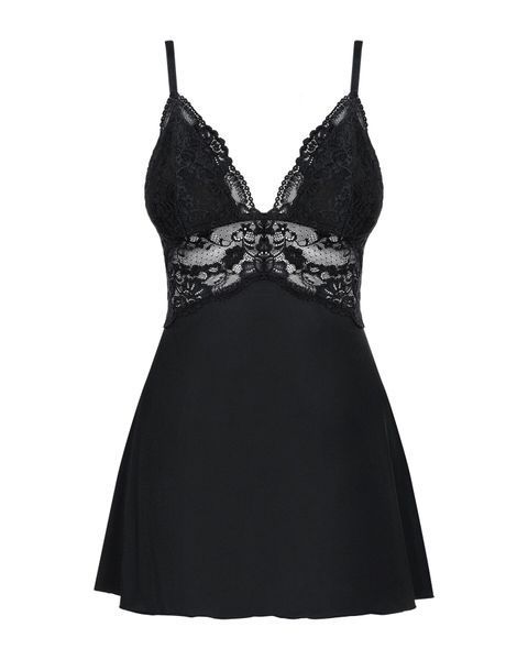 Сатиновый пеньюар с кружевом Obsessive 810-BAB-1 babydoll & thong S/M, черный, пеньюар, танга SO7152 фото