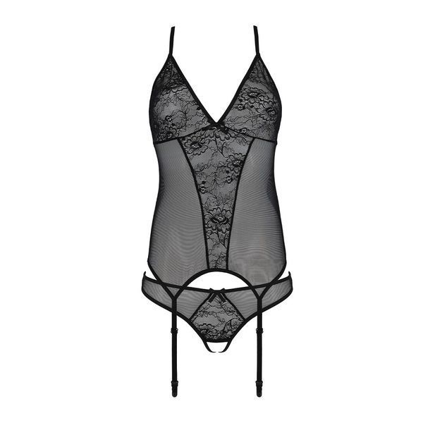 Корсет с пажами, трусики с ажурным декором и открытым шагом Passion URSULA CORSET L/XL, black SO5835 фото