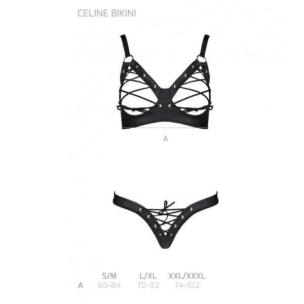 Комплект из экокожи Passion CELINE BIKINI L/XL, black, открытый бра с лентами, стринги со шнуровкой SO6400 фото