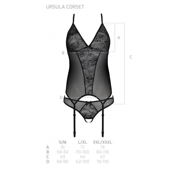 Корсет с пажами, трусики с ажурным декором и открытым шагом Passion URSULA CORSET L/XL, black SO5835 фото