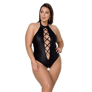 Боди из экокожи Passion NANCY BODY 6XL/7XL black, с имитацией шнуровки и открытым доступом SO7105 фото