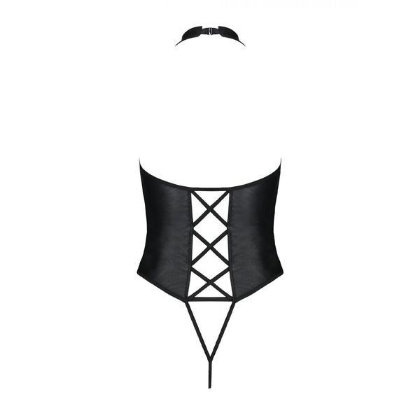 Боді з екошкіри Passion NANCY BODY 6XL/7XL black, з імітацією шнурівки та відкритим доступом SO7105 фото