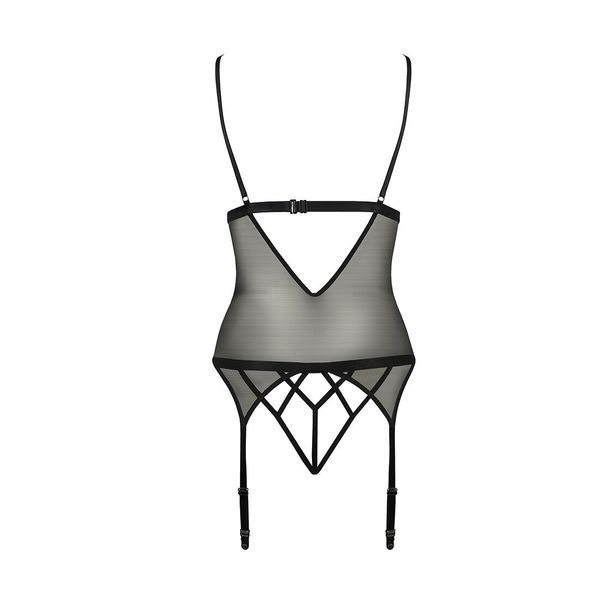 Корсет з відкритими грудьми Passion DIABOLINA CORSET L/XL, black, пажі, трусики, напівпрозорий PS25804 фото