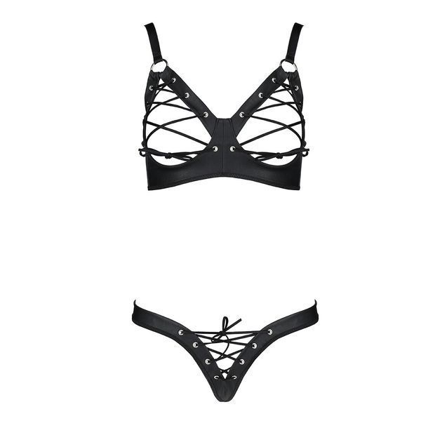 Комплект з екошкіри Passion CELINE BIKINI S/M black відкритий бра зі стрічками, стрінги зі шнурівкою SO6401 фото