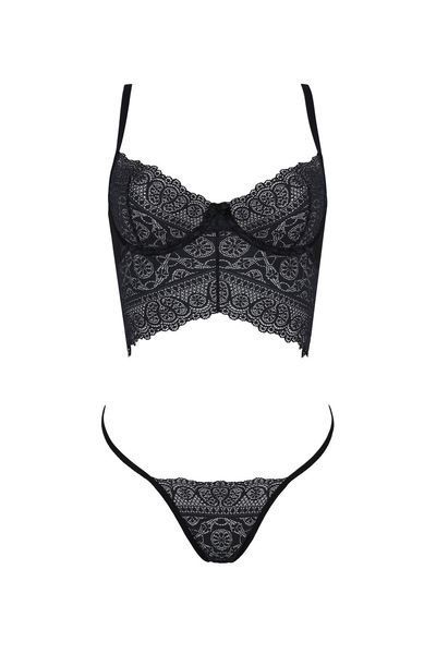 Комплект Passion KERRIA SET black, S/M, сітка+мереживо, бюстьє та стрінги SX0492 фото