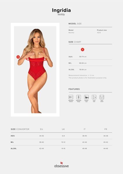 Боді з доступом Obsessive Ingridia crotchless teddy M/L, червоне, відкриті груди SO9026 фото