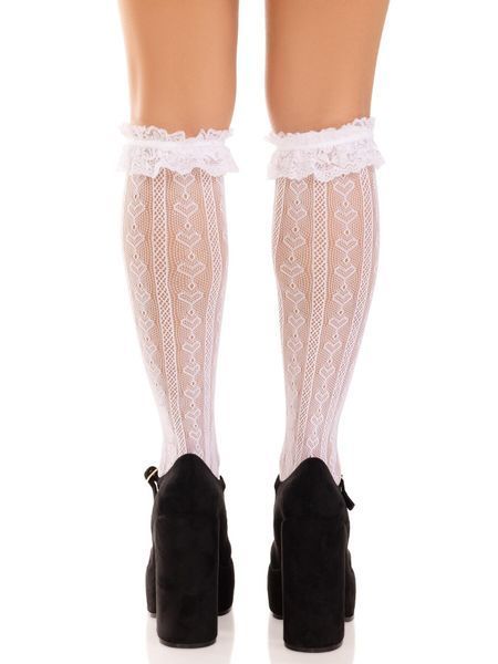 Гольфи ажурні Leg Avenue Sweetheart Ruffle Cuff Knee Highs, білі, малюнок-сердечка SX1049 фото