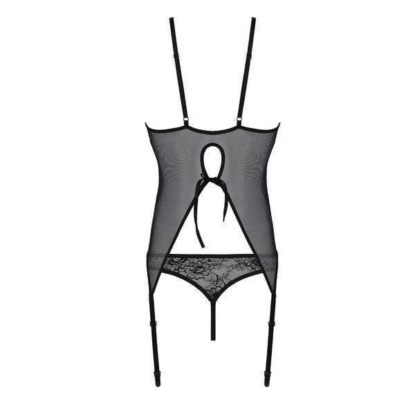 Корсет із пажами, трусики з ажурним декором та відкритим кроком Passion URSULA CORSET XXL/XXXL black SO5837 фото