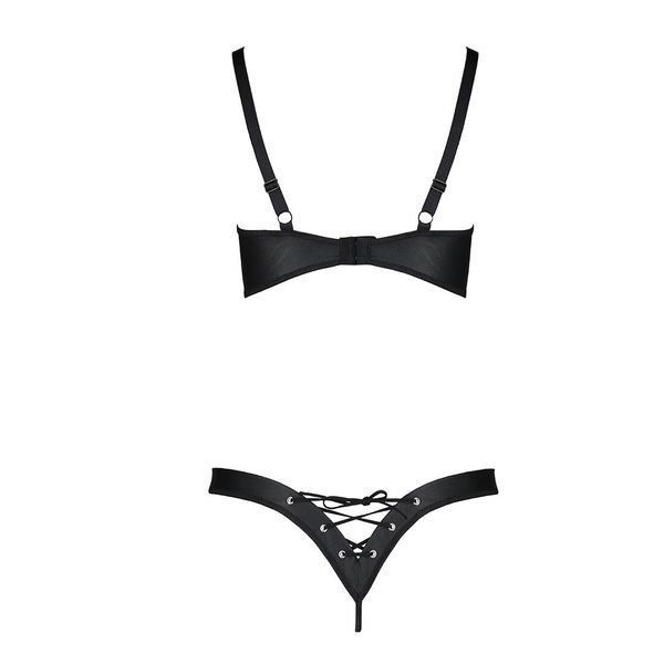 Комплект Passion CELINE BIKINI 2XL/3XL black відкритий бра з стрічками стрінги з шнурівкою, екошкіра SO6402 фото