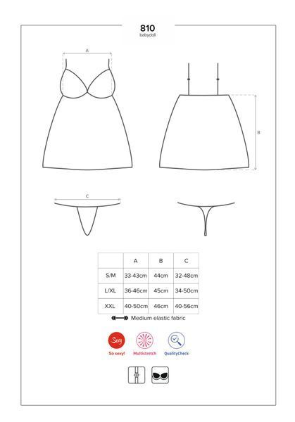 Сатиновий пеньюар з мереживом Obsessive 810-BAB-2 babydoll & thong L/XL, білий, пеньюар, танга SO7155 фото