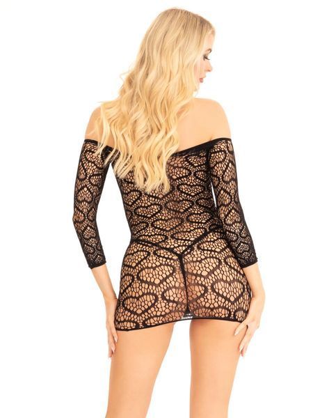 Платье-сетка с сердечками Leg Avenue Heart net mini dress Black, завязки, открытые плечи, One Size SX1726 фото