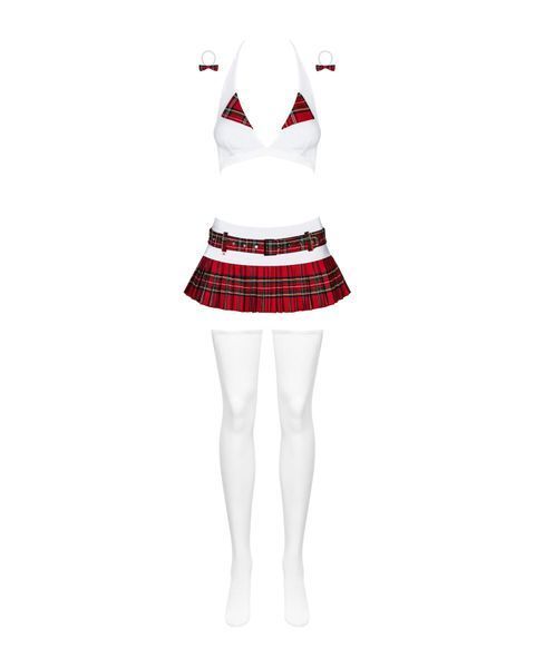 Эротический костюм школьницы с мини-юбкой Obsessive Schooly 5pcs costume L/XL, бело-красный, топ, юб SO7305 фото