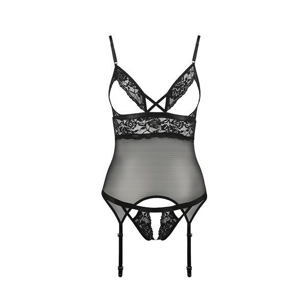 Корсет с открытой грудью Passion DIABOLINA CORSET XXL/XXXL, black, пажи, трусики, полупрозрачный PS25806 фото