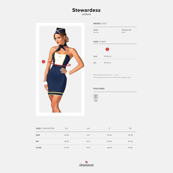 Эротический костюм стюардессы Obsessive Stewardess uniform M/L, blue, платье, пилотка, шарф, манжеты SO7730 фото