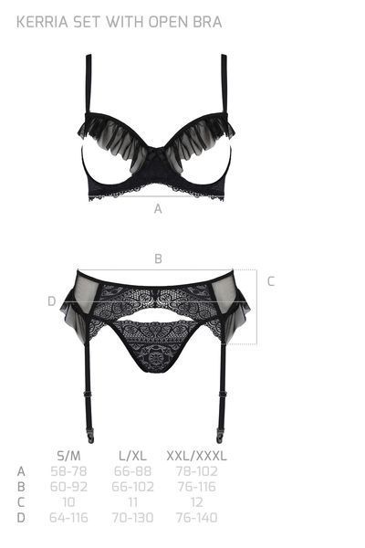 Комплект Passion KERRIA SET WITH OPEN BRA black, L/XL, бюстгальтер з відкритою чашкою, стрінги, пояс для панчіх SX0494 фото